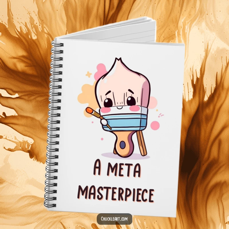 Funny notebook with a clumsy paintbrush hilariously attempting to paint its own handle, for notes and ideas.
