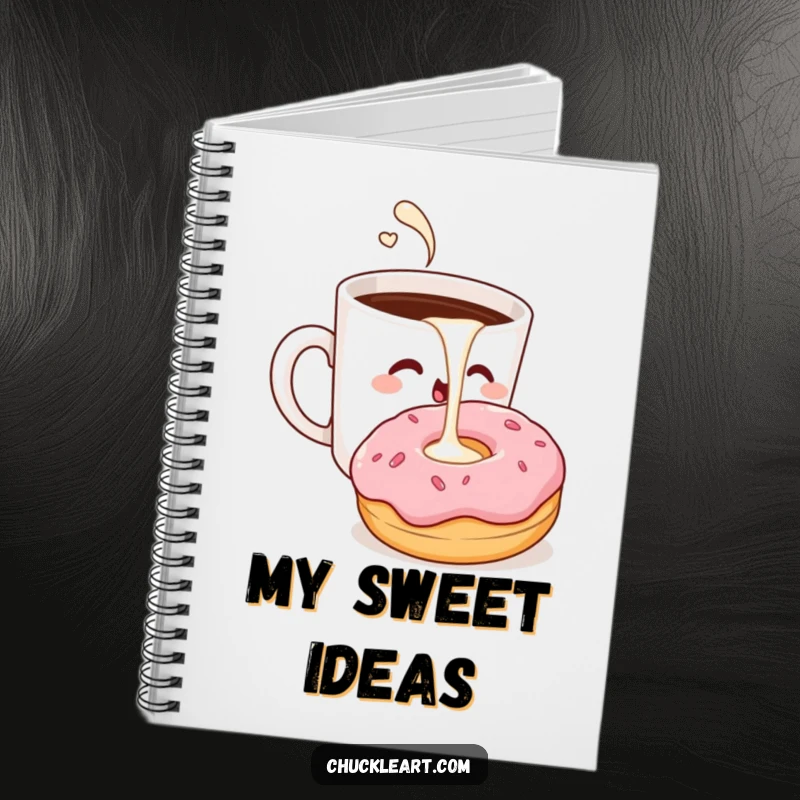 Funny notebook with a winking coffee cup pouring milk into a surprised donut, perfect for notes.
