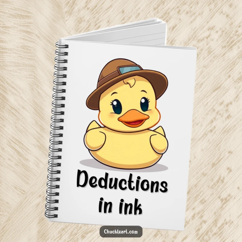 Funny notebook cover with a rubber duck in a detective hat, holding a magnifying glass and searching for clues, symbolizing investigation.