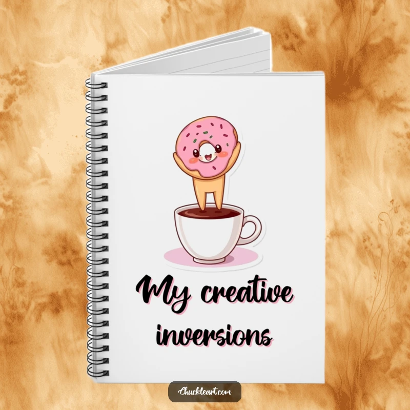 Funny notebook featuring a donut in a headstand on a coffee cup, perfect for writing and coffee themes.