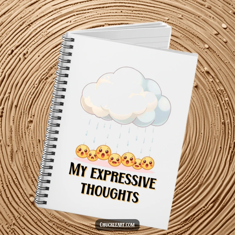 Funny notebook cover art of a fluffy cloud raining down small, surprised emoji faces.