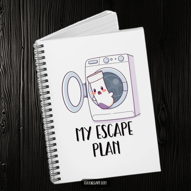 Funny notebook showing a startled sock with a hole escaping a washing machine, a humorous place for notes.