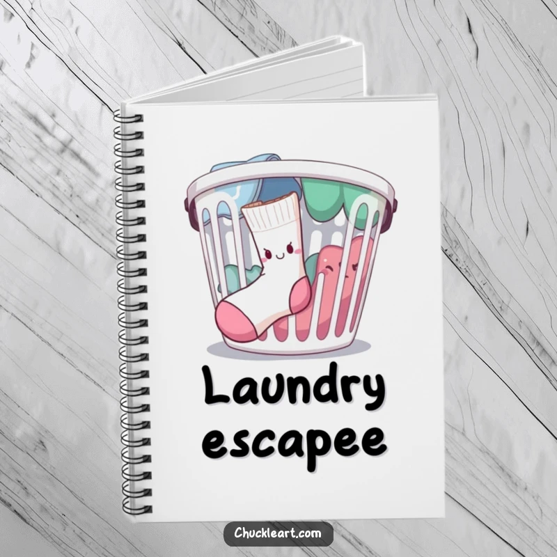 Funny determined sock escaping a laundry basket, on a notebook, for jotting down funny thoughts.