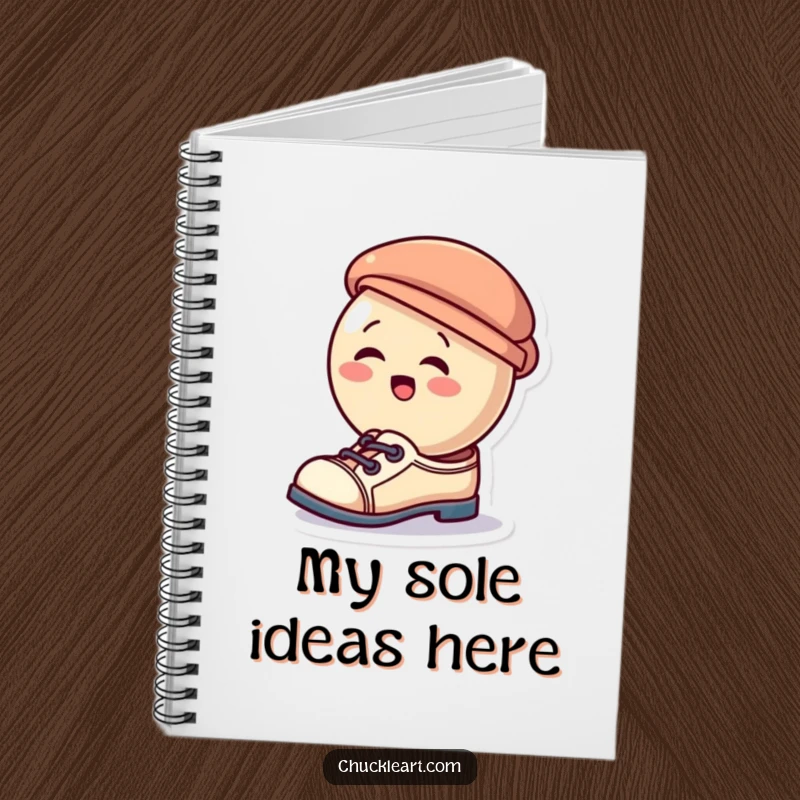 Funny notebook featuring a giggling button character humorously attempting to wear a hat as a shoe, perfect for capturing silly notes.