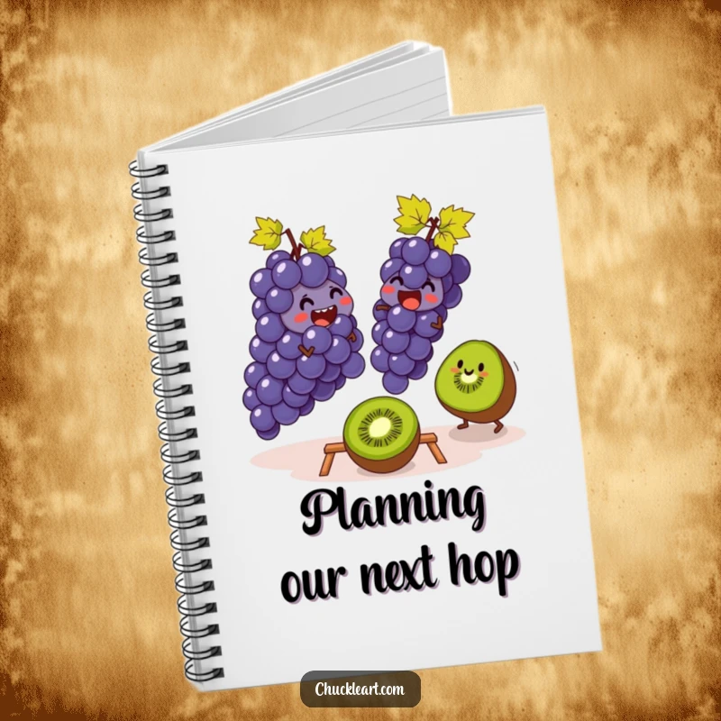 Funny notebook cover with grapes and a kiwi playing leapfrog, perfect for capturing funny notes and creative ideas in a whimsical way.