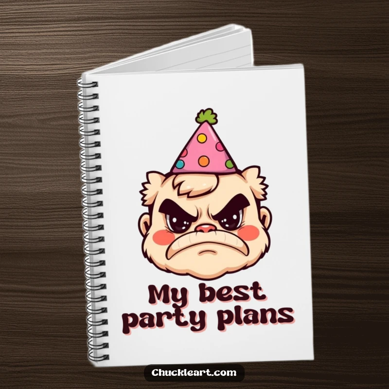 Funny notebook cover with a grumpy face humorously adorned with a silly party hat, perfect for jotting down thoughts.