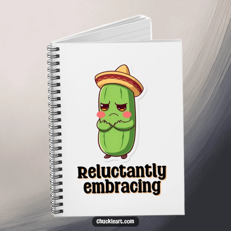 Funny notebook with a grumpy pickle in a sombrero being hugged, ideal for notes and sketches.