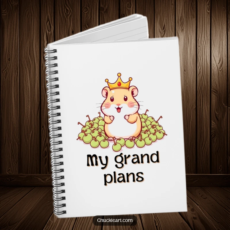 Funny hamster wearing a crown, commanding peas on a notebook cover, ideal for jotting notes with pet humor.