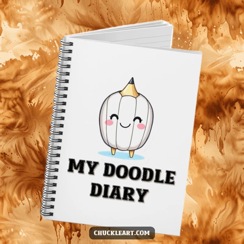Funny notebook with a happy little pencil drawing a smiley face on itself, for journaling and notes.