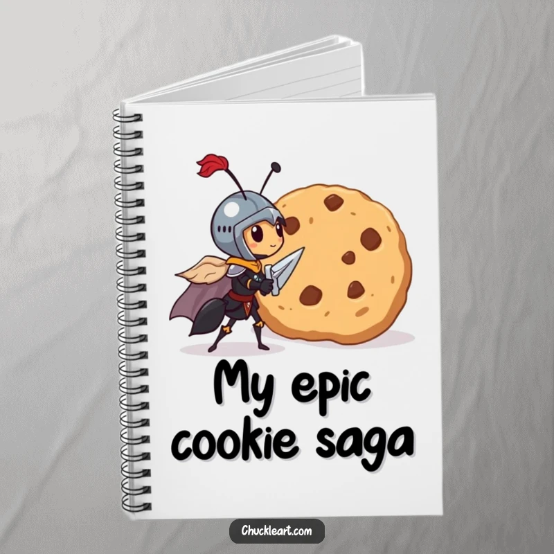 Funny notebook with a tiny ant knight bravely facing a giant cookie, ready for notes.
