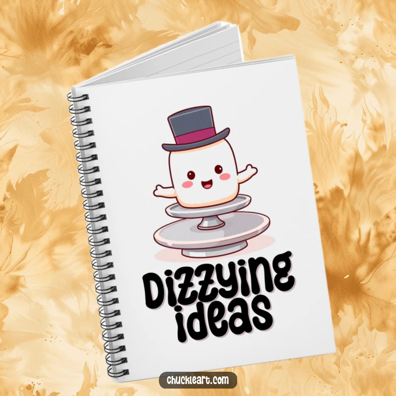 Funny marshmallow wearing a top hat attempts to balance on a spinning plate, a humorous notebook for writing.