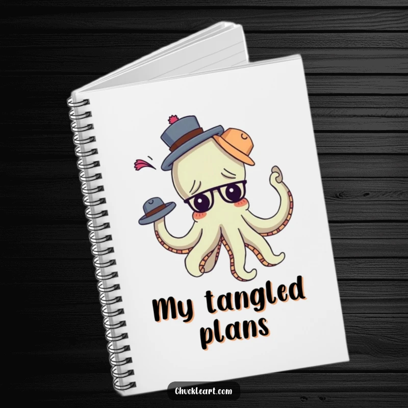 Funny confused octopus comically tangled in hats, on a notebook cover, ideal for a funny gift.