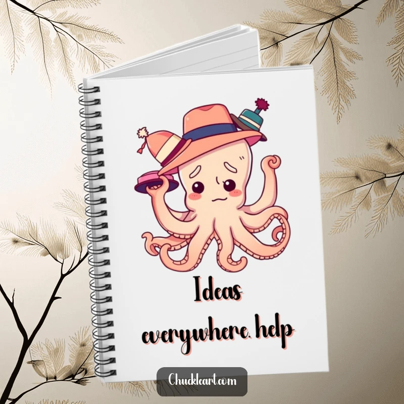 Funny notebook featuring a confused octopus entangled in multiple hats, ideal for jotting down ideas and plans.