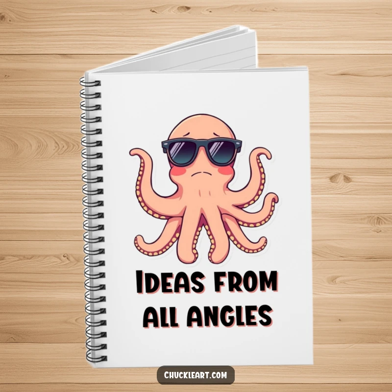 Funny octopus wearing sunglasses on multiple arms, on a notebook cover, for jotting down cool thoughts.