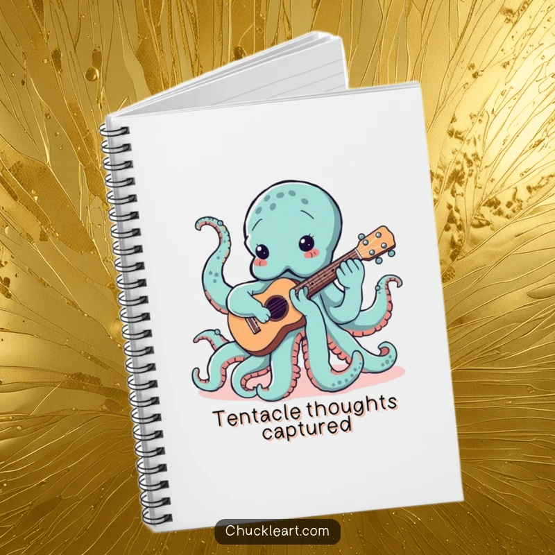Funny notebook with a cover depicting a confused octopus trying to play a ukulele, ideal for music lovers' notes.