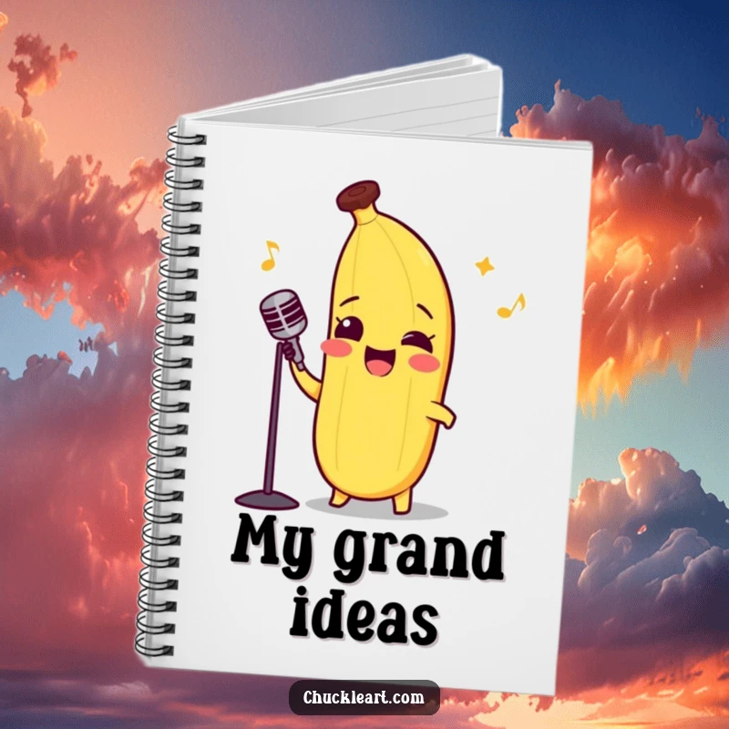 Funny notebook cover art of a happy banana in a bow tie, belting out an opera song.