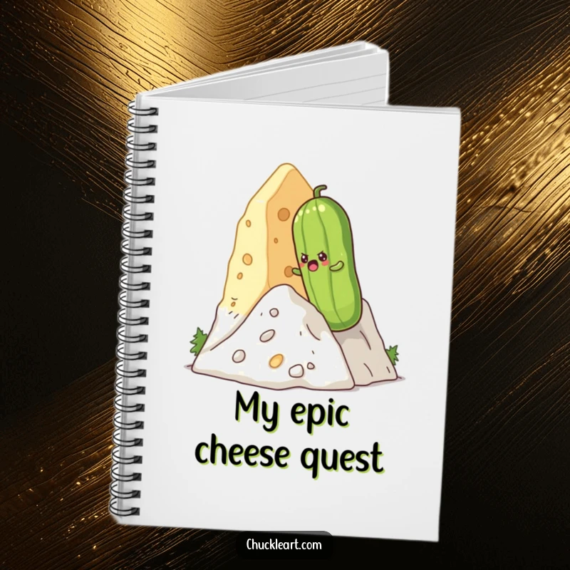 Funny determined pickle climbing a cheese mountain, shown on the cover of a funny notebook.