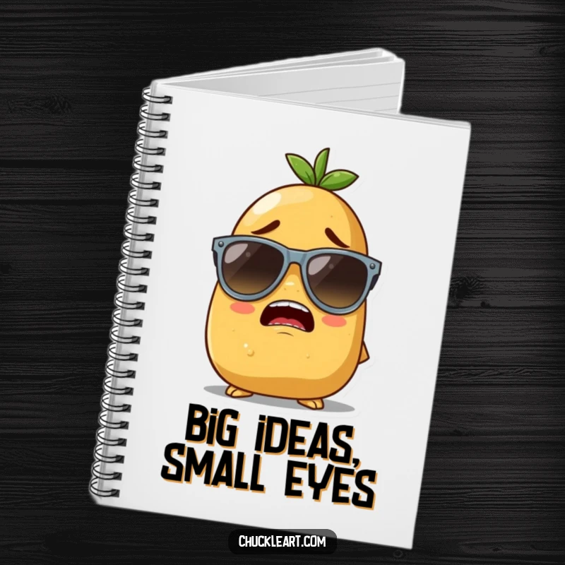 Funny notebook cover with a potato character attempting to wear oversized sunglasses, symbolizing a humorous pursuit of style.