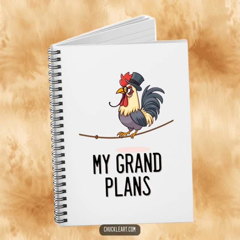 Funny notebook featuring a proud rooster in a monocle and top hat, confidently balancing on a tightrope.