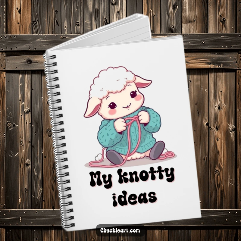 Funny sheep comically tangled in wool while attempting to knit, on a notebook cover, ideal for a funny gift.