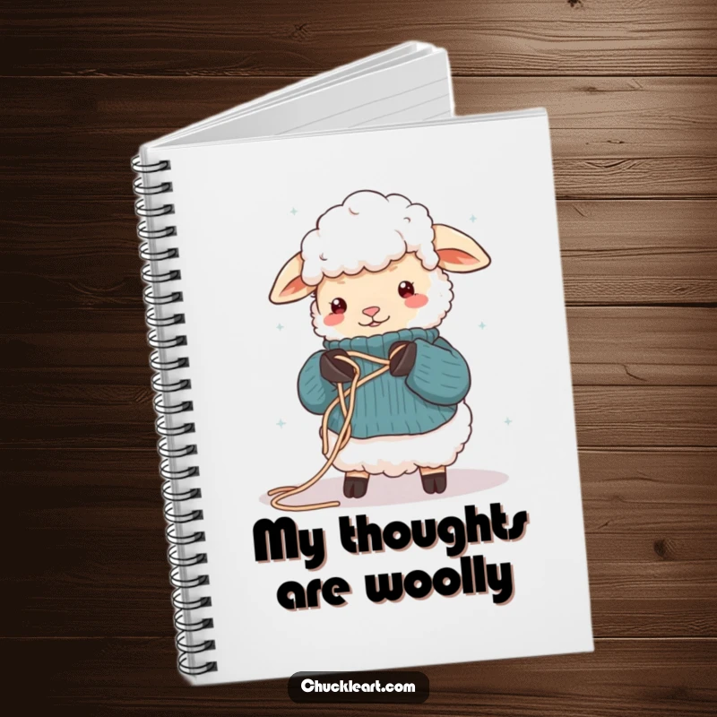 Funny notebook featuring a sheep hilariously tangled in yarn while trying to knit, ideal for jotting down craft ideas.
