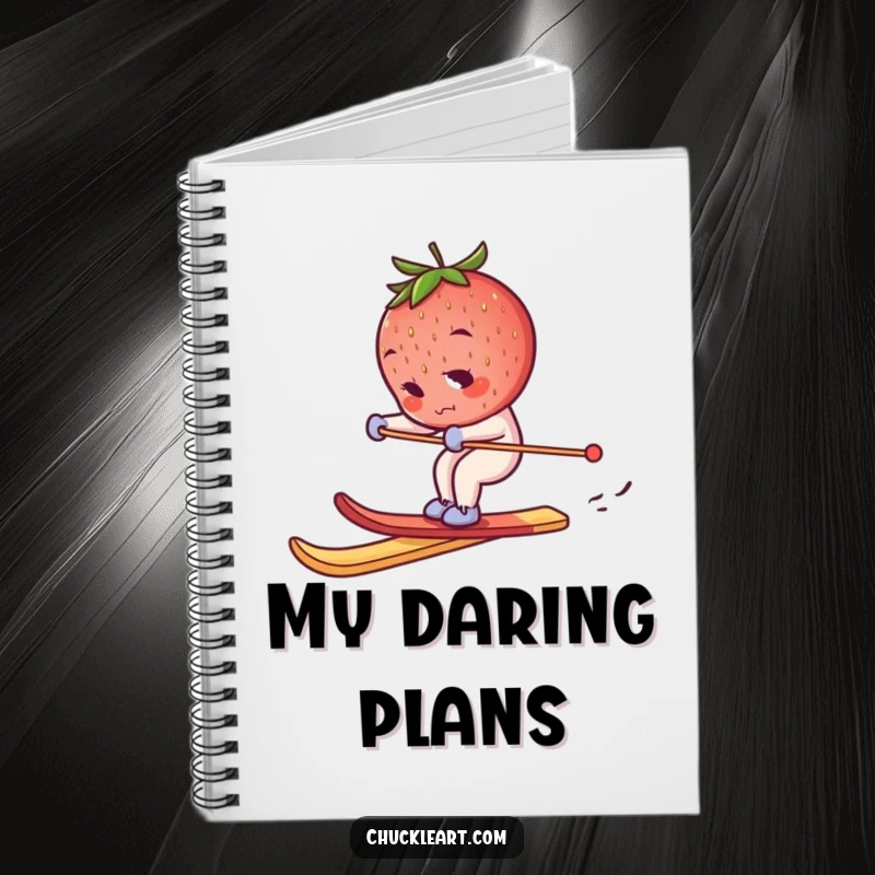 Funny skiing strawberry notebook, a determined berry on a breadstick ski, ideal for jotting down ideas and adventurous plans.