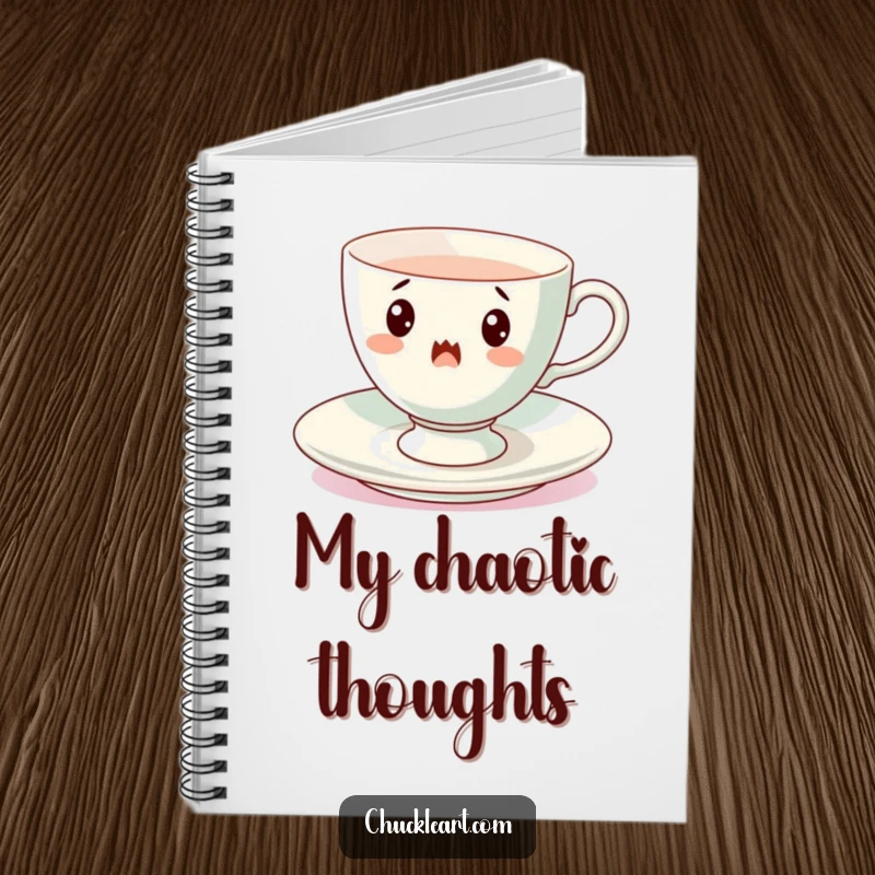 Funny spinning teacup notebook, a surprised porcelain cup mid-spin, ideal for jotting down ideas and creative musings.