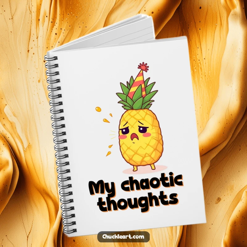 Funny startled pineapple wearing a party hat, spraying juice, a humorous notebook for creative ideas.