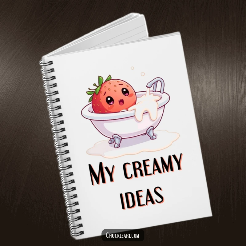 Funny notebook with a surprised strawberry in an overflowing milk bathtub, for jotting down humorous thoughts.