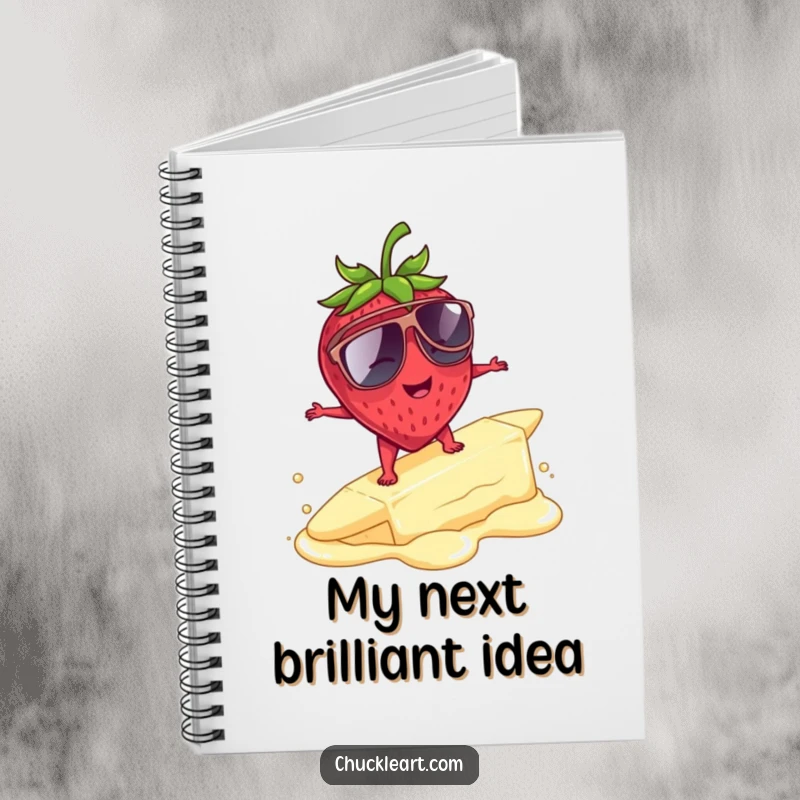 Funny strawberry wearing sunglasses surfing melting butter, a humorous notebook for jotting down ideas.