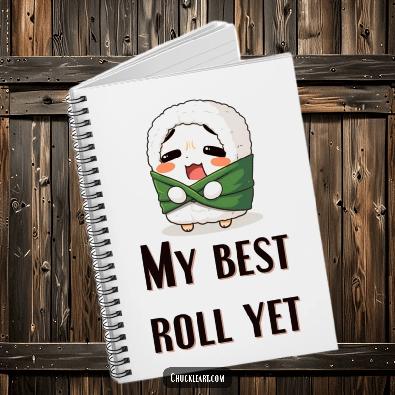 Funny notebook cover with a confused sushi roll trying to tie its seaweed belt, ideal for jotting down humorous thoughts and ideas.