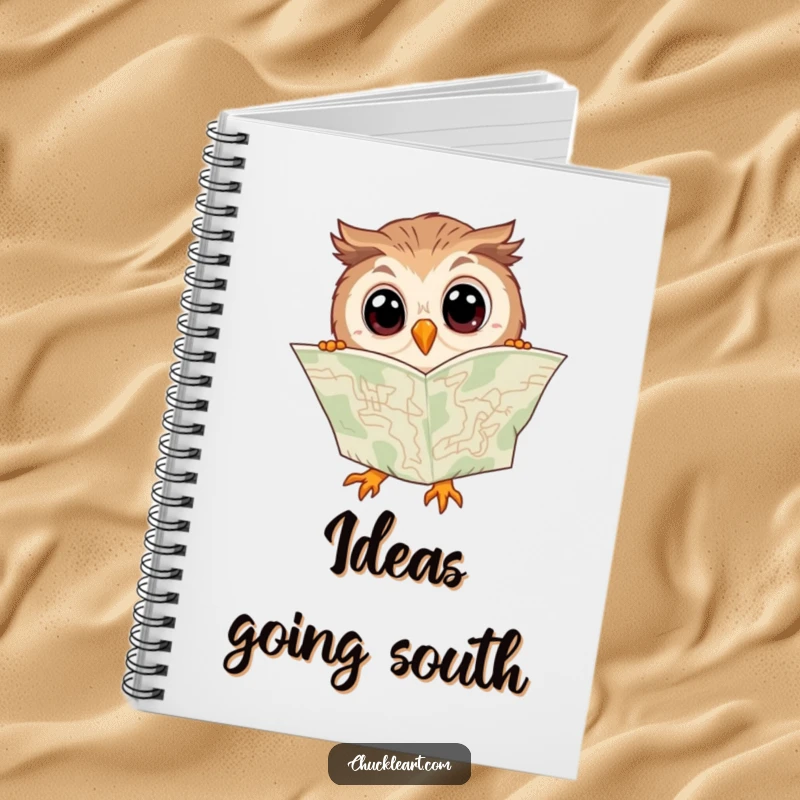 Funny notebook cover art of a clumsy owl with wide eyes, hilariously trying to read a map upside down.