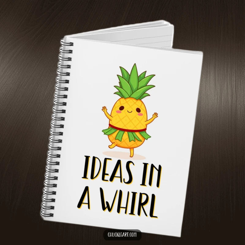 Funny notebook with a dancing pineapple in a hula skirt, perfect for jotting down tropical ideas or party plans.