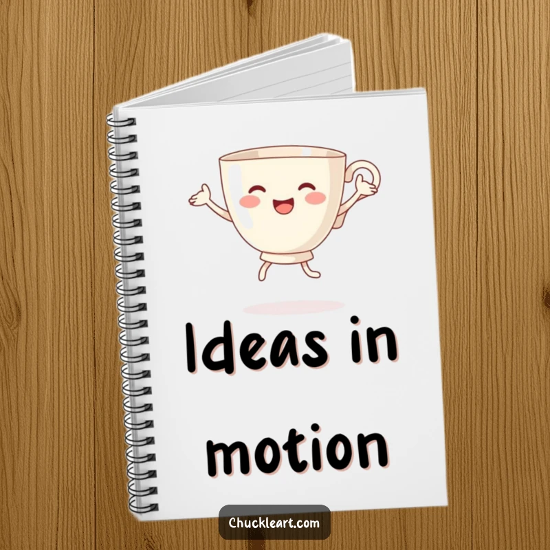 Funny notebook cover with a teacup with arms and legs joyfully performing a silly dance, symbolizing energy and inspiration.