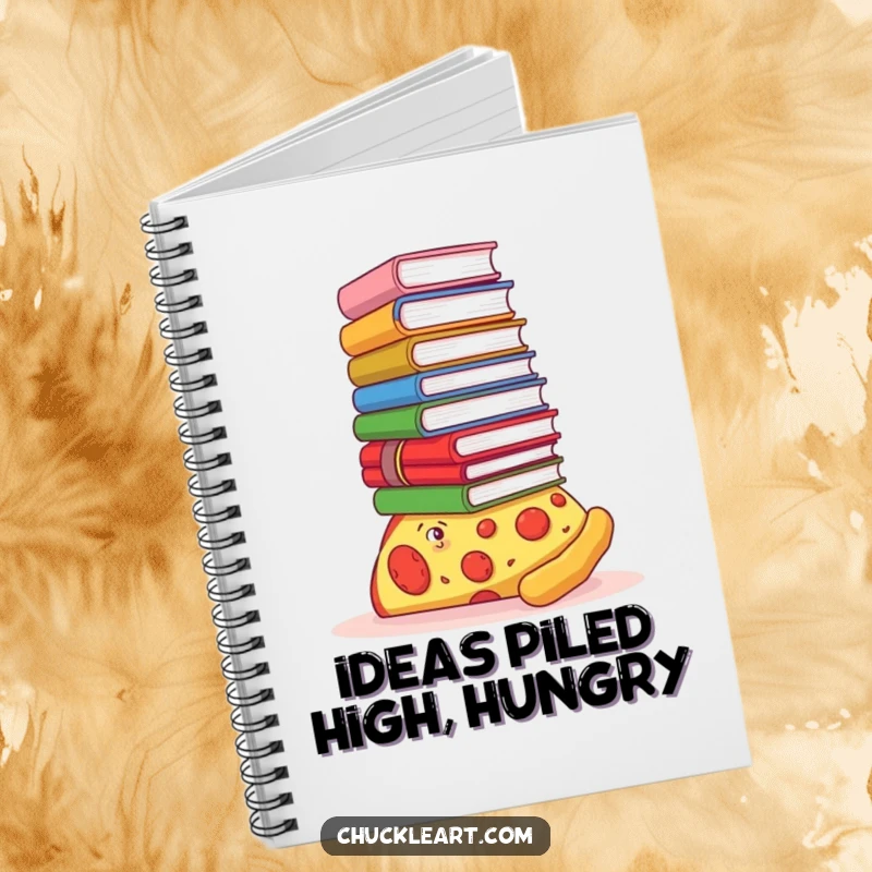 Funny notebook cover with a pizza slice balancing an enormous stack of books on its crust, symbolizing academic endeavors.