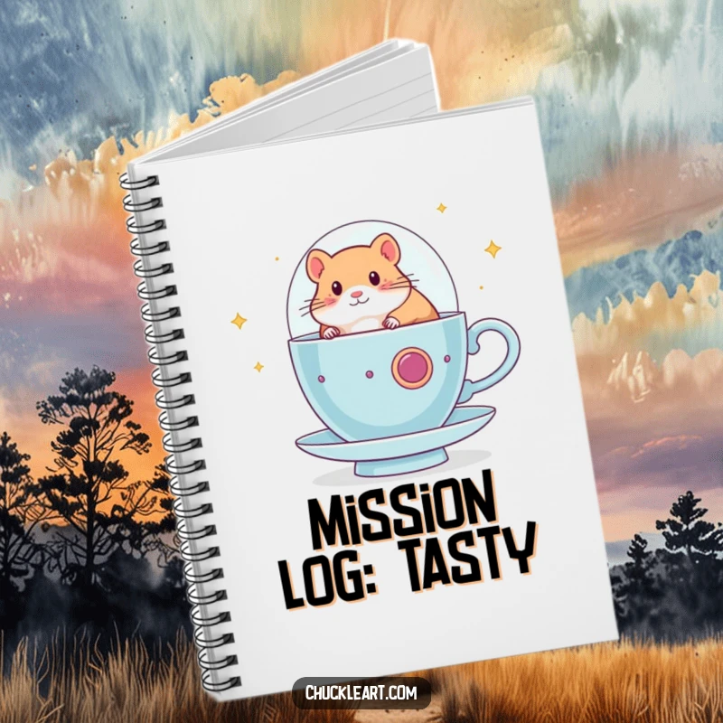 Funny hamster notebook depicting a hamster piloting a teacup spaceship, ideal for jotting notes and fueling creative, humorous ideas.