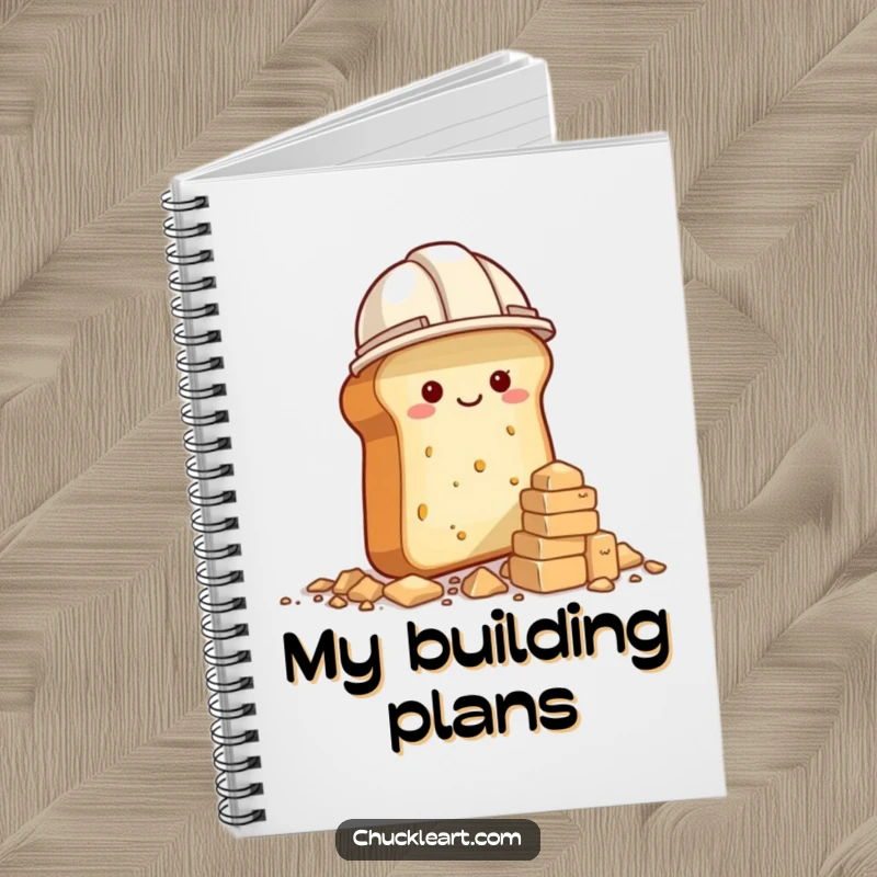 Funny notebook with a bread loaf in a construction hat building a crumb tower, perfect for notes.