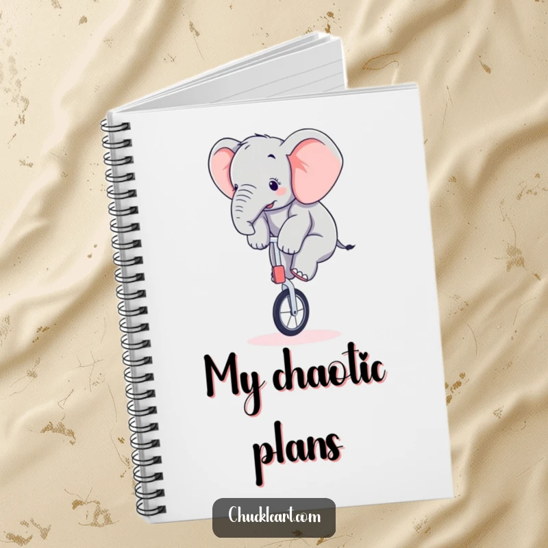 Funny elephant notebook cover showing a clumsy baby elephant trying its best to balance on a tiny unicycle.