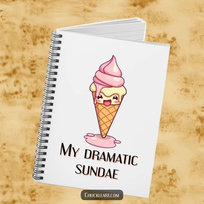 Funny notebook cover with a melting ice cream cone striking a dramatic pose, perfect for jotting down sweet thoughts and creative ideas.