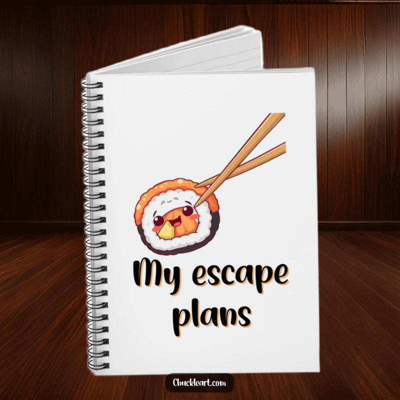 Funny notebook featuring sushi escaping chopsticks, perfect for writing and food-themed notes.