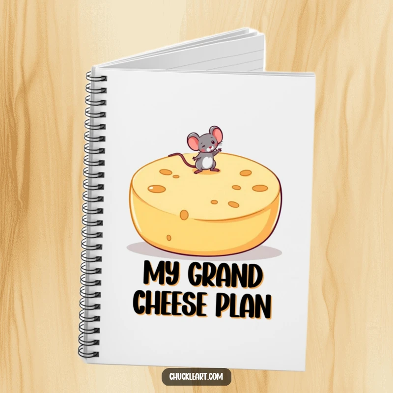 Funny notebook cover featuring a small mouse attempting to balance on a large, wobbly wheel of cheese, great for journaling.