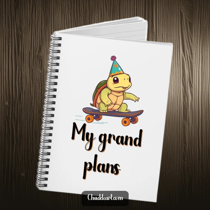 Funny turtle in a party hat humorously tries to speed on a skateboard, on a notebook cover, ideal for a funny gift.