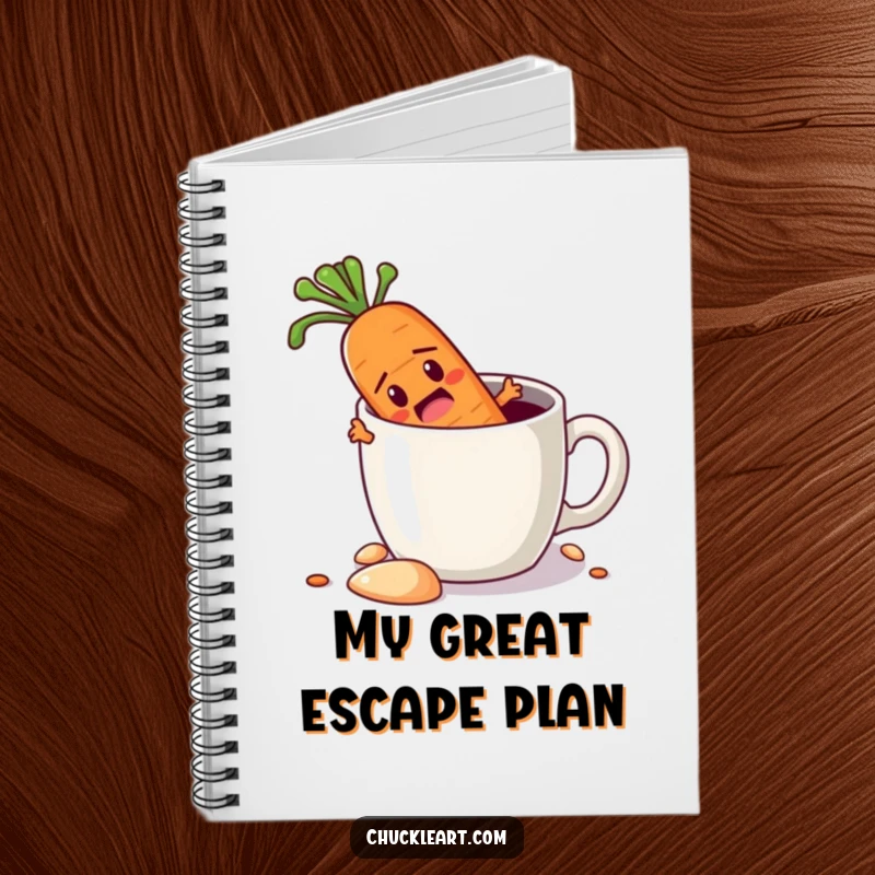 Funny notebook cover with a determined carrot digging its way out of a coffee mug, perfect for jotting down ambitious and humorous notes.