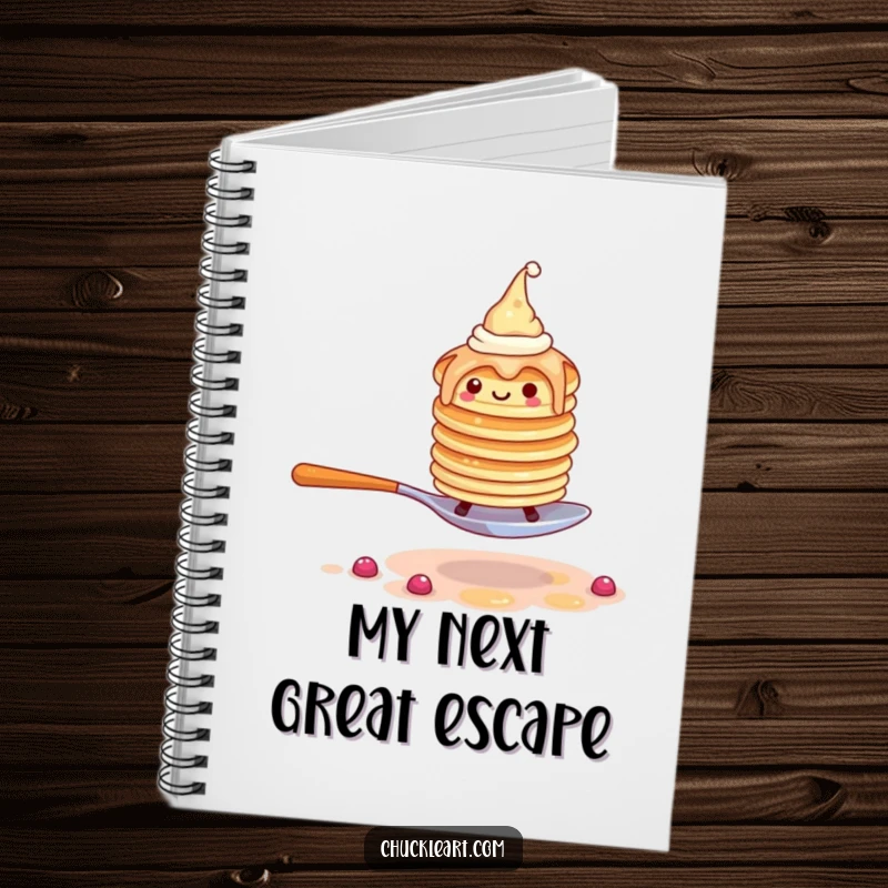 Funny notebook cover with a wobbly pancake stack wearing hats, escaping a giant fork, ideal for writing and drawing.