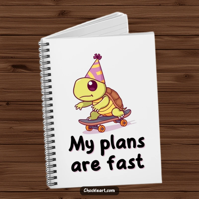 Funny notebook featuring a turtle in a party hat trying to skateboard fast, ideal for jotting down party ideas and plans.