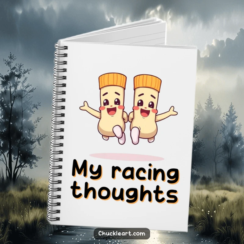 Funny notebook with socks in a spirited race, for jotting down plans and humorous thoughts.