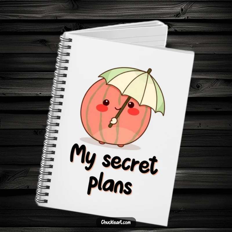 Funny shy watermelon blushing crimson, hiding behind a tiny umbrella, a humorous notebook for jotting notes.