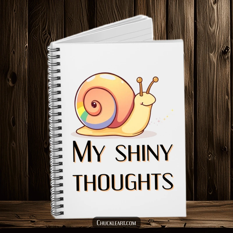 Funny rainbow snail notebook cover showing a snail with a rainbow shell leaving a signature sparkly trail.