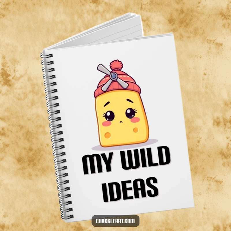 Funny notebook featuring a bewildered cheese slice character wearing a tiny propeller beanie, perfect for jotting down humorous thoughts.