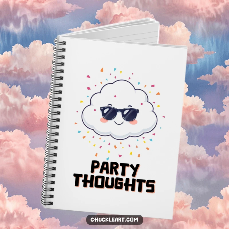 Funny giggling cloud wearing sunglasses, raining confetti, on a notebook, for jotting down funny thoughts.